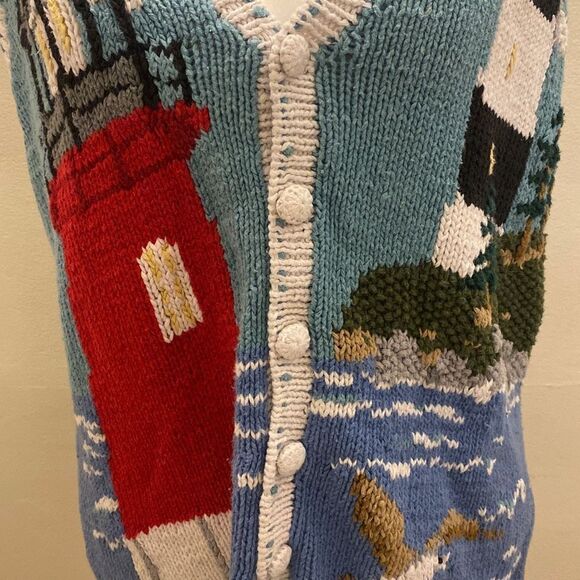 Eagle's Eye Vintage Lighthouse Coastal Themed Cardigan Sweater Vest Womens Sz L - Picture 3 of 16